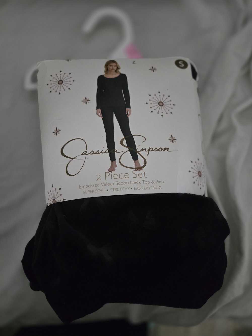 Jessica Simpson Black Velour 2-Piece Scoop Neck Top & Pant Set, NWT, Size Small.